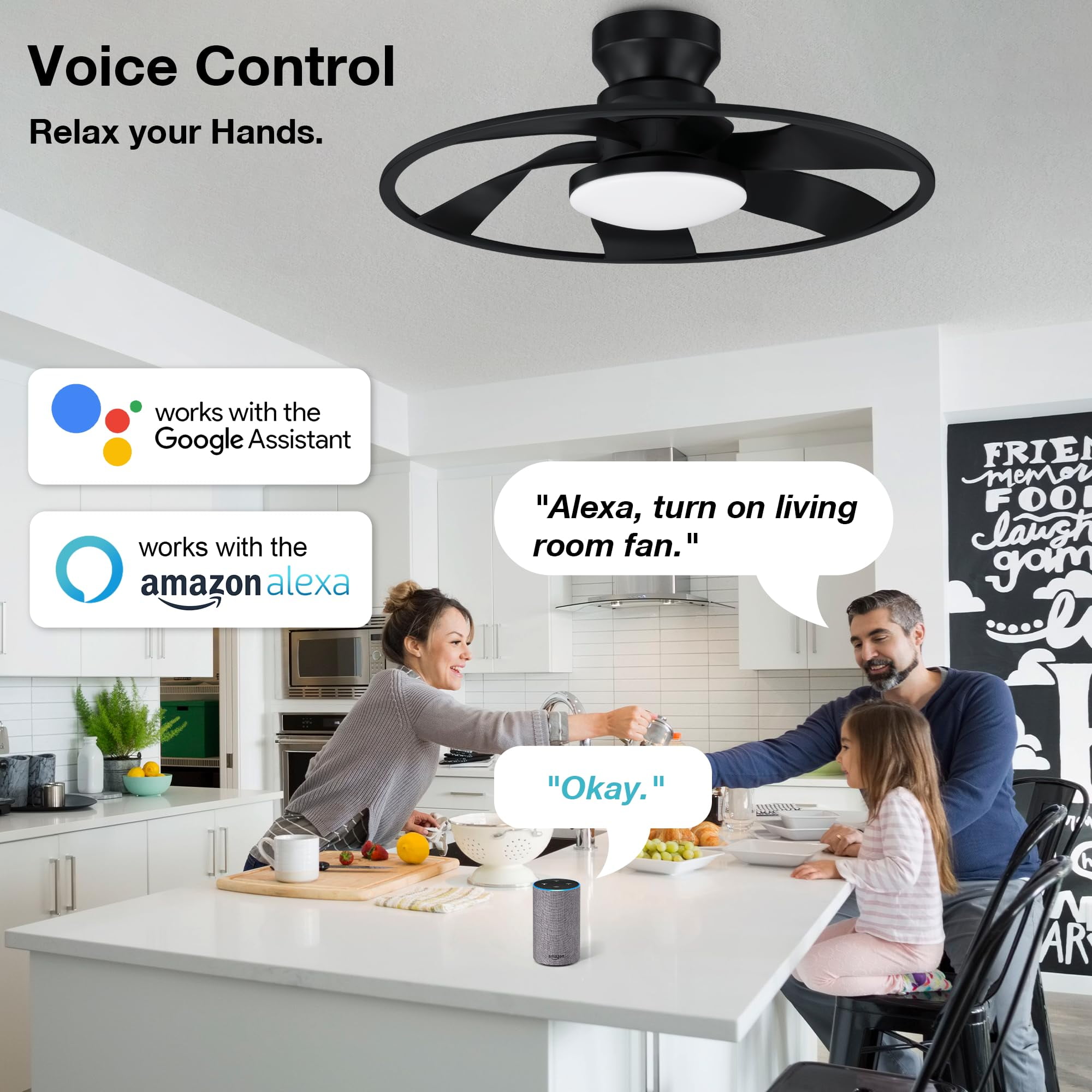 22" Smart Low Profile Ceiling Fans with Lights Remote,Quiet DC Motor,Bladeless Flush Mount Ceiling Fan Controlled by WiFi Alexa App,Modern Black for Small Indoor Bedroom Outdoor Patio