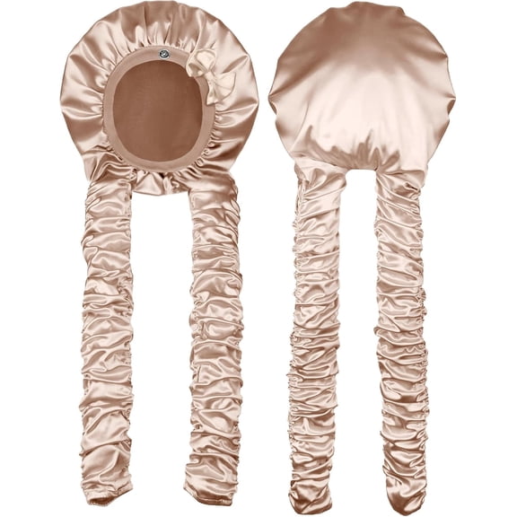 Heatless Curling Satin Sleep Bonnet, Non Slip Night Hair Cap with Long Satin Ribbons for Long Hair Braids Hair Care (Beige)