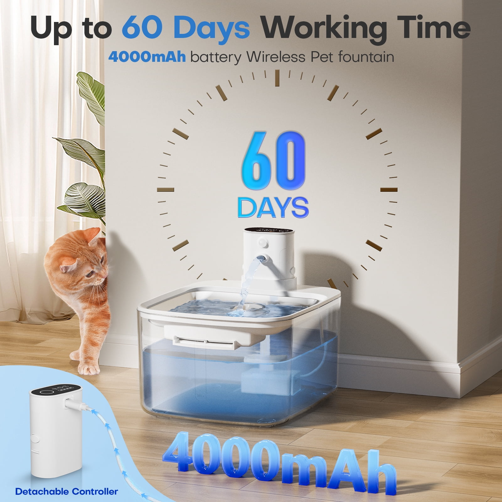 HUTACT 3.2L Wireless Cat Water Fountain, 4000mAh Pet Water Fountain Rechargeable, Stainless Steel Tank, 3-Mode Quiet Pet Water Bowl with 3 Filters for Cats Dogs