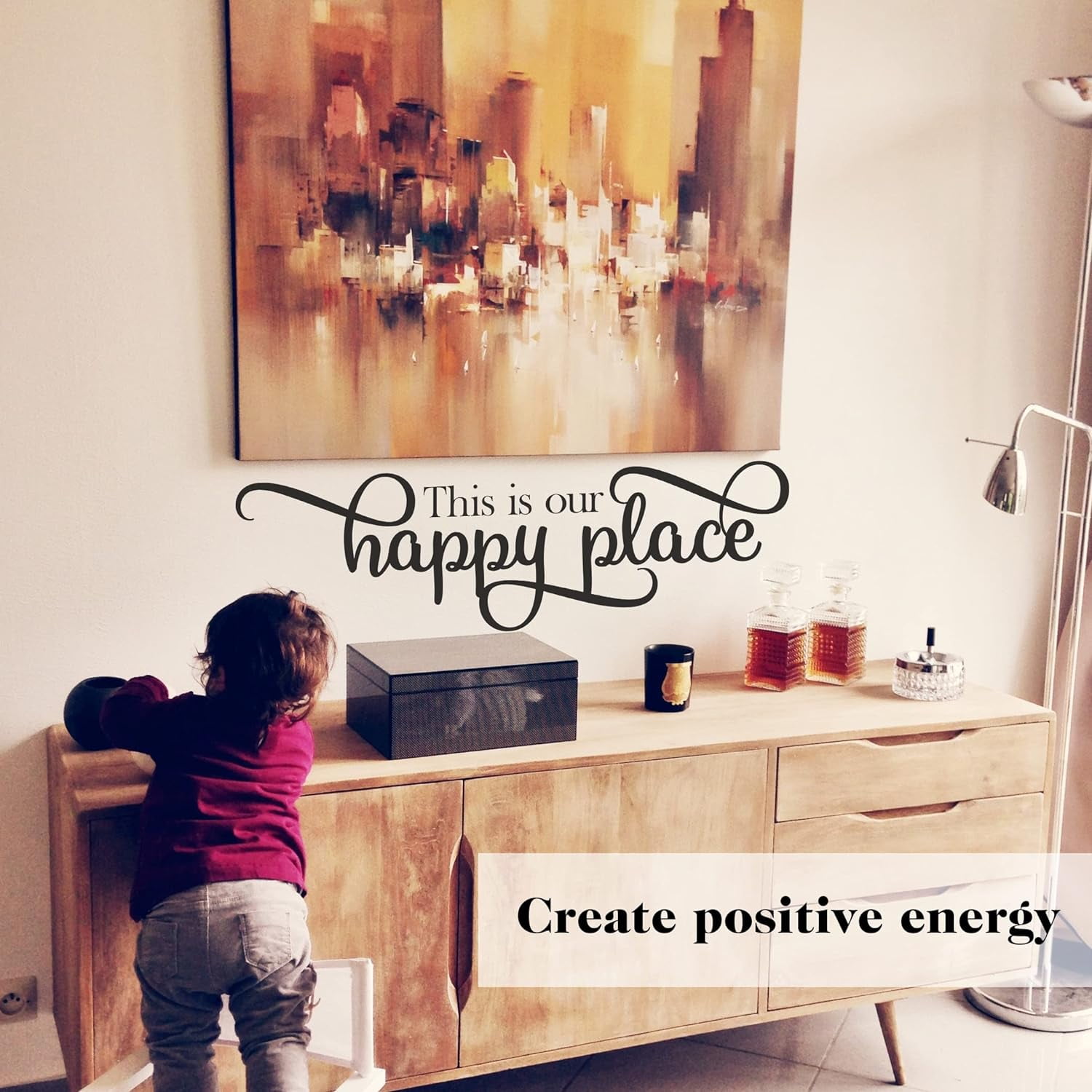 QTH Large This is Our Happy Place Wall Sticker Dining Room Wall Decal for Living Room Family Decor Sign Quote Wall Art Vinyl Wall Decal Kitchen Bed Room Words and Saying Rustic Farmhouse