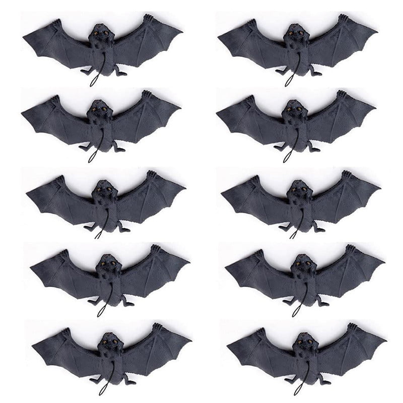JiuRong 24pcs Artificial Rubber Flying Bats Hanging Toys For Halloween Party Decoration