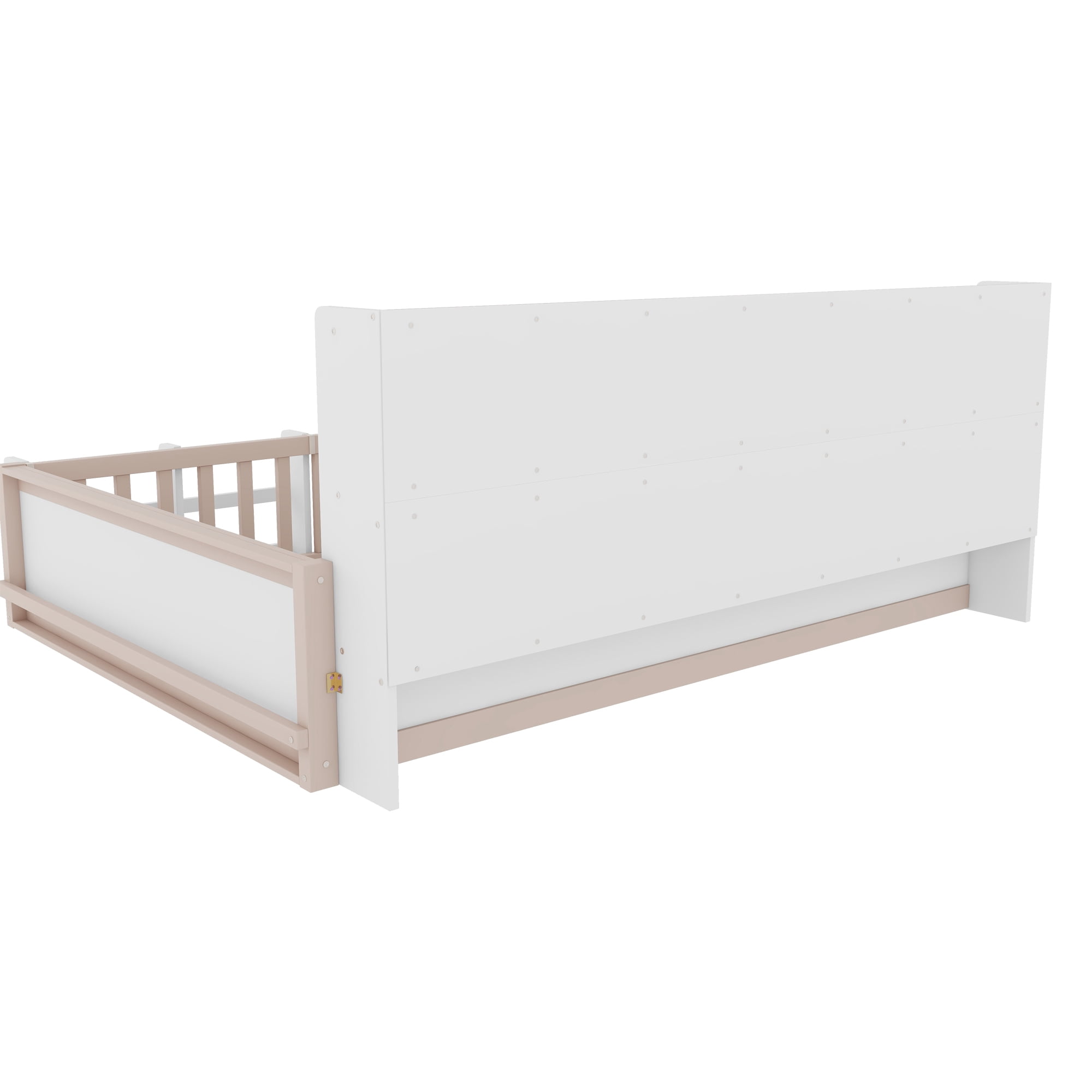 Mintazer Full Size Montessori Floor Bed with Bookshelf & Guardrails, Kids Platform Bed Frame with Storage Cubbies for Bedroom, White & Natural