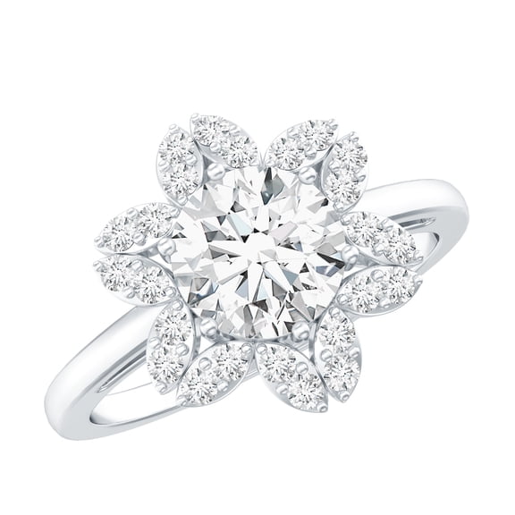 Rosec Jewels - Certified Moissanite Floral Engagement Ring, Moissanite Ring with Halo for Women, 925 Sterling Silver, US 4.00