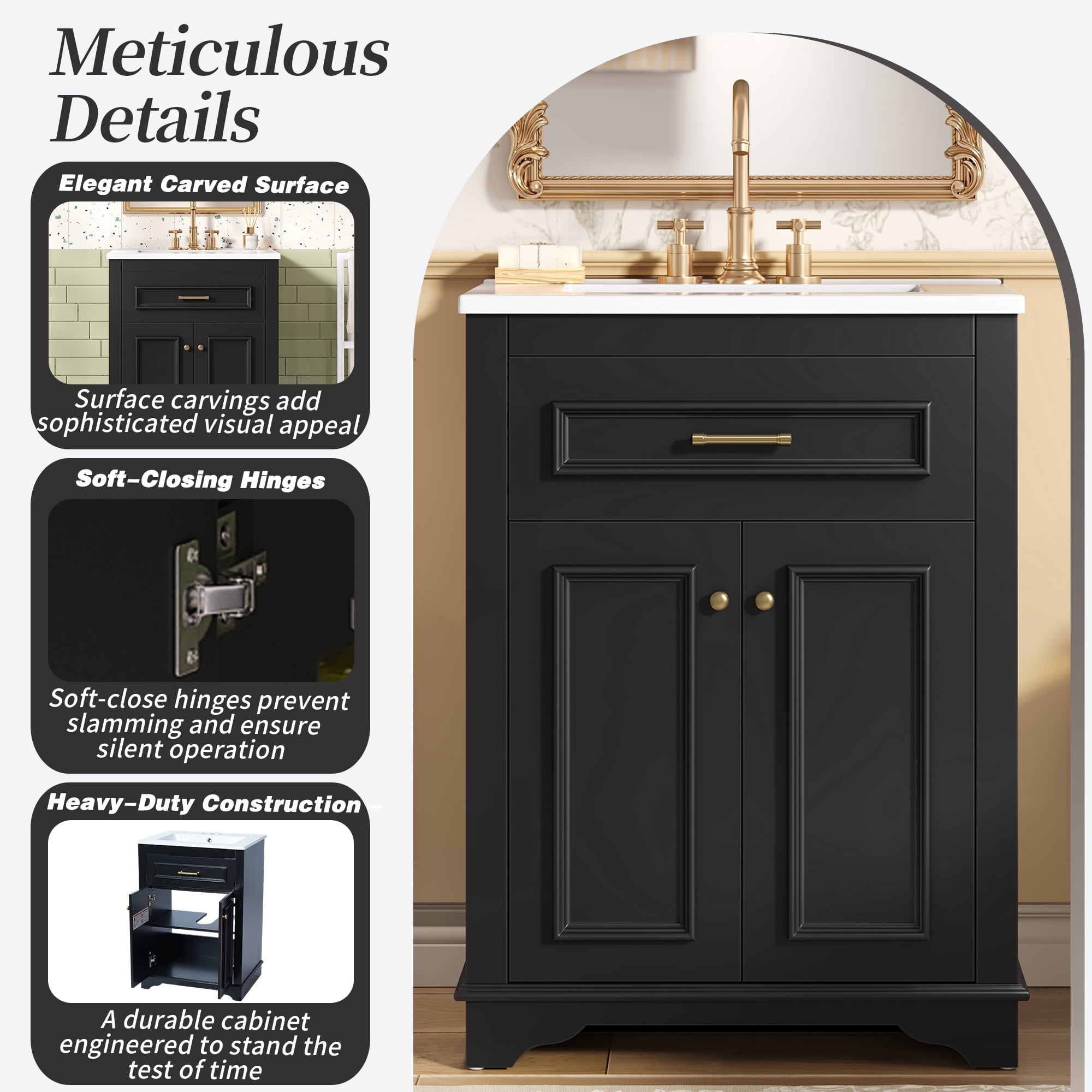 Euroco 24" Bathroom Vanity with Integrated Ceramic Sink, Bathroom Cabinet with 2 Doors, 1 Tip-Out Drawer, Single Sink Bathroom Vanity for Small and Medium Restroom, Black
