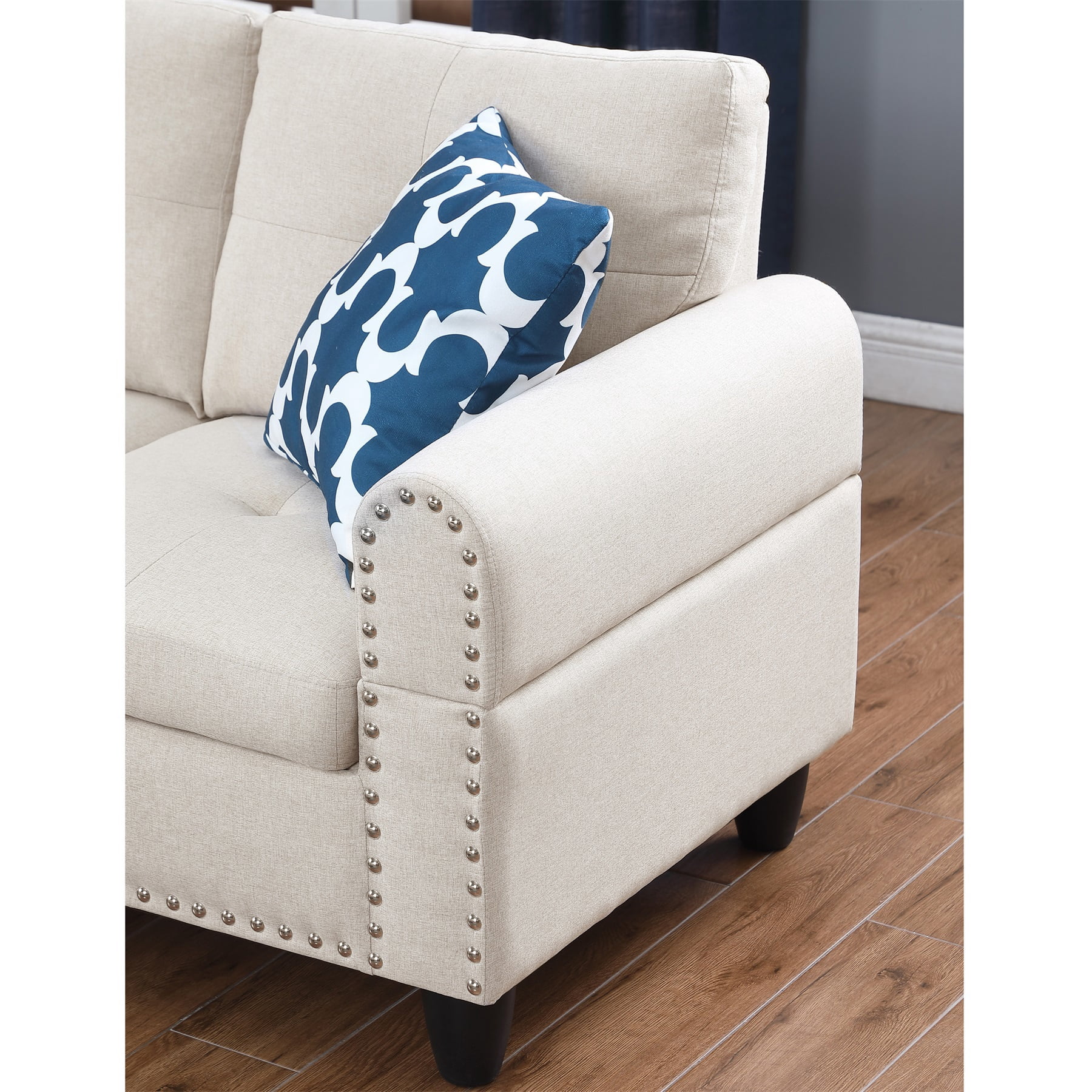 Hommoo L-Shaped Upholstered Sectional Sofa Couch with Storage & Cup Holders, Linen Living Room Sofa Set, With Ottoman, Beige
