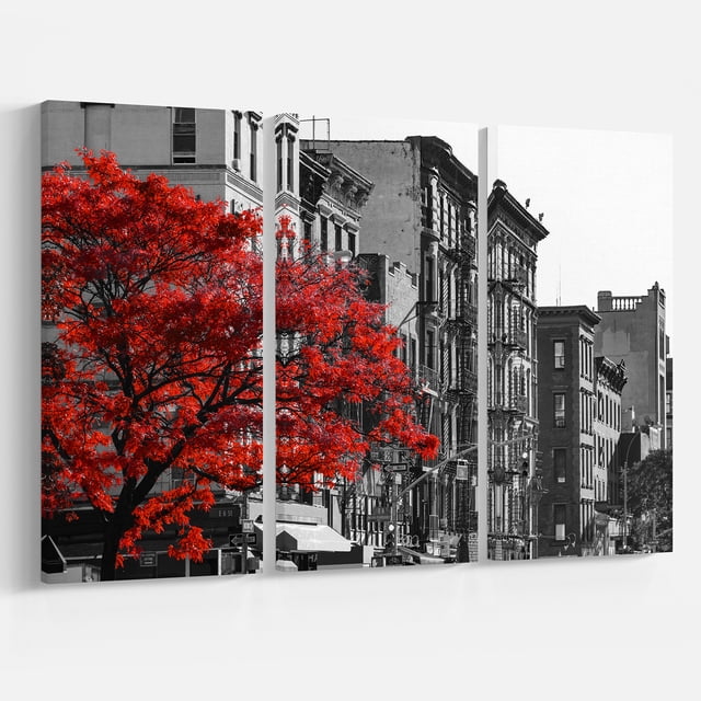 Designart - Arbre Rouge sur Rue de New York en Noir et Blanc - Paysages Floraux sur Toile Enveloppée