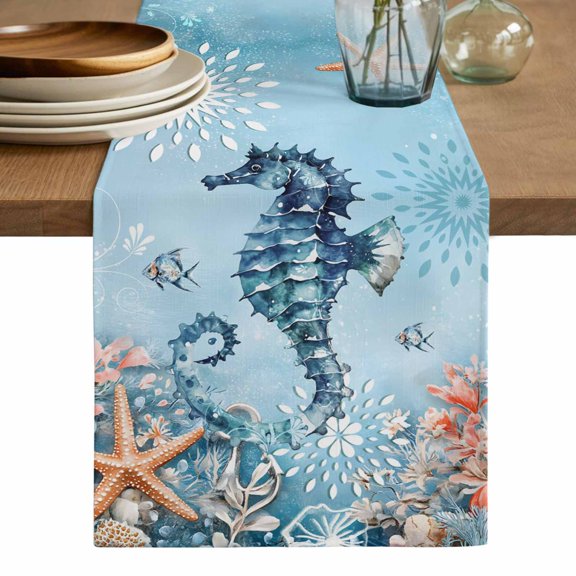 Blue Coastal Seahorse Table Runner, Summer Beach Starfish Botanical Washable Cotton Linen Table Runners 120 Inches Long, Dresser Scarf Runner for Dining/Living Room/Kitchen/Square Tables 13''x120''