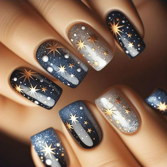 24x Glittering Full Covers False Nails Short Square Astral on Nails Colorful Acrylic Nails