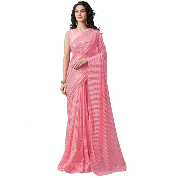 Sarees For Women Indian Bollywood Faux Georgette Saree || Sequence Embroidered Sari & Unstitched Blouse