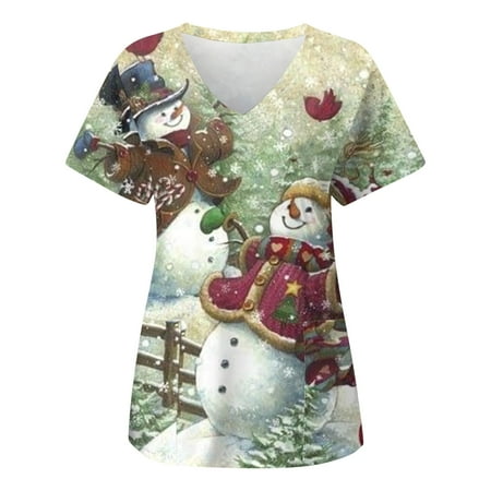 

Christmas Printed Scrub Tops for Women Print Short Sleeve Pocket V Neck Overalls T Shirt Short Sleeve
