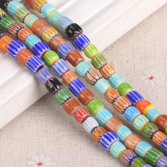 U8MO 1 Strand 40cm 65pcs Cylinder 6mm~7mm Handmade Colorful Millefiori Glass Beads-Mixed