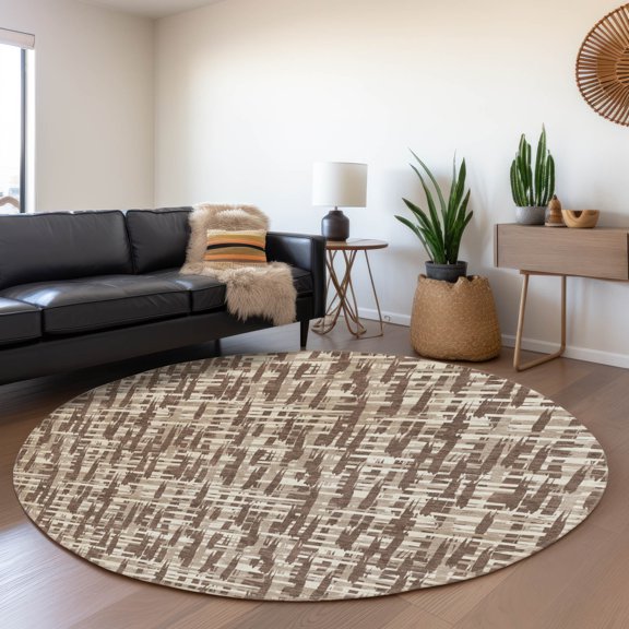 Addison Rugs Mayfield Premium Machine Washable Transitional Lines Brown Round Rug, 8' x 8'