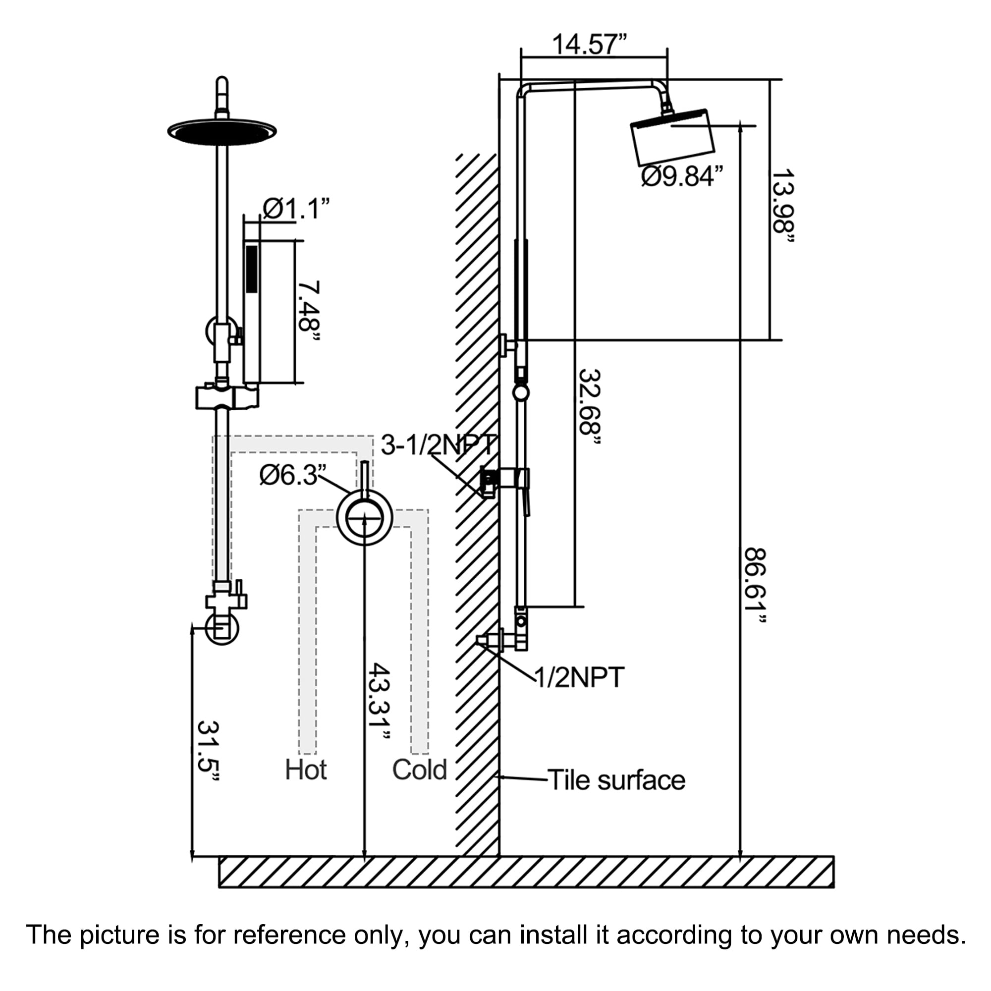 Brass Exposed Pipe Shower System, 10-inch Rainfall Shower Head with Handheld Shower Head with Rough-in Valve