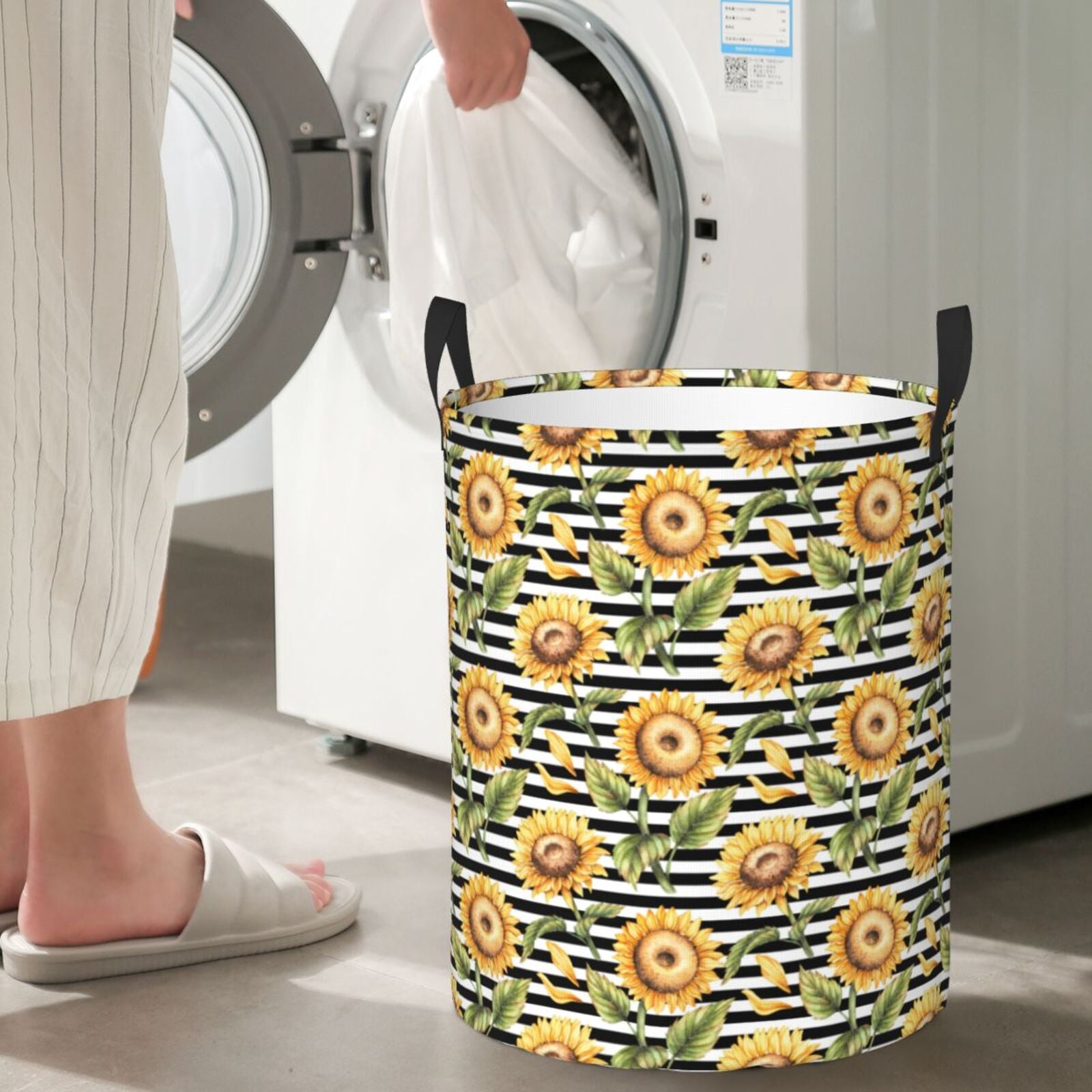 Large Laundry Basket with Handles - sunflowers striped black white Retro Kids Baby Dirty Clothes Laundry Hamper for Bedroom Aesthetic