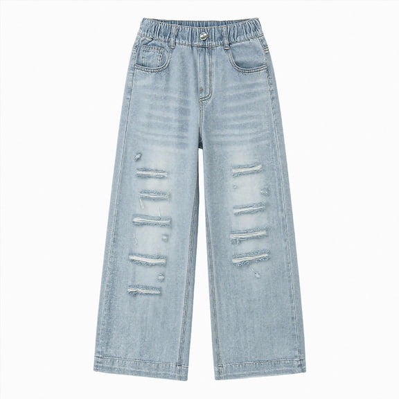 UAYOTSE Girls' Ripped Jeans: Stylish Casual Versatile and Fashionable Straight Leg Wide Leg Pants with Elastic Waist for Medium and Large Girls.,Sizes 9-10 Years