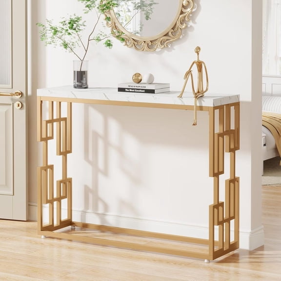 DYJP 42.5" Modern Console Table - Faux Marble Top Engineered Wood White Gold, Easy Assembly Entryway Furniture