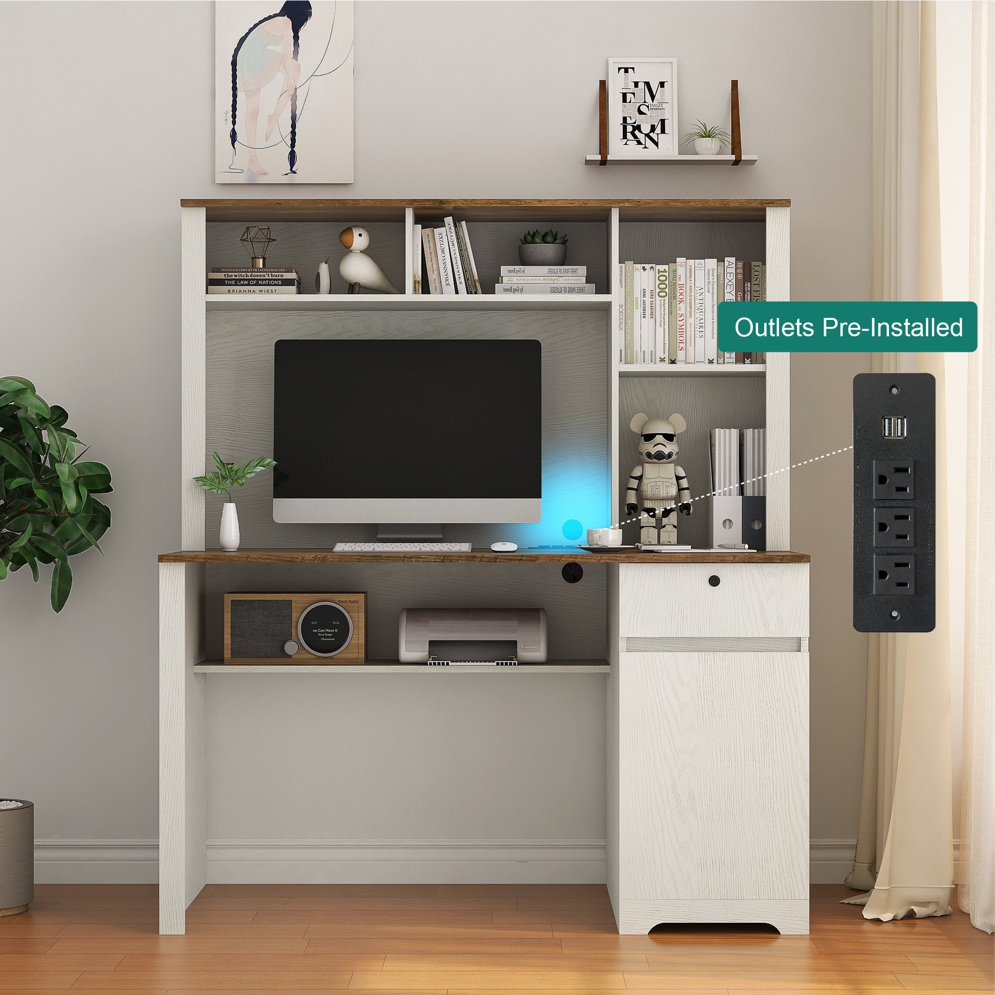 Aukfa Computer Desk with Hutch & Power Outlets for Home,Wood Teens Student LED Writing Desk,Gray