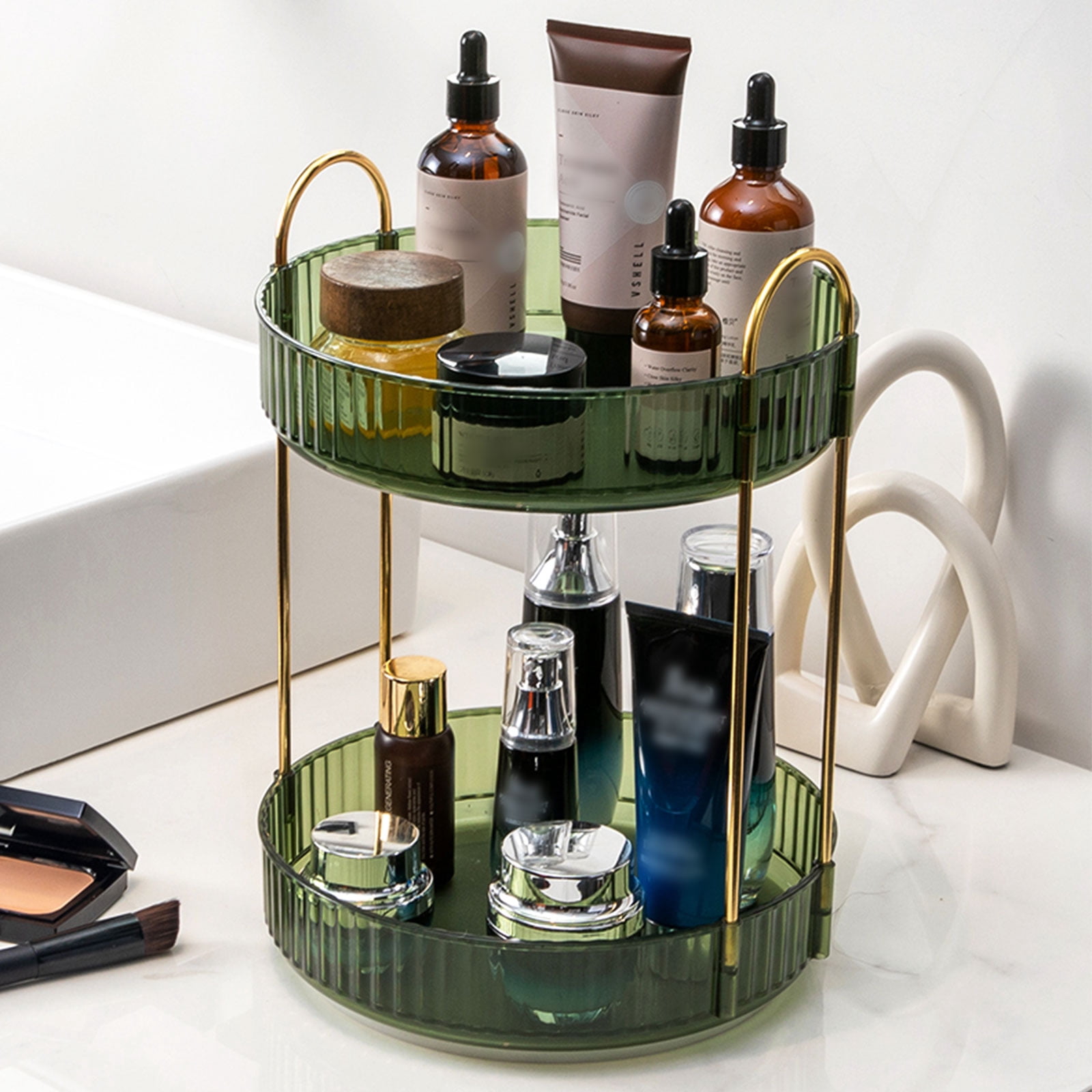 Unique Bargains 3 Layer Rotating Makeup Round Skincare Countertop Perfume Organizer Green