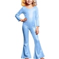 thumbnail image 2 of ZHOGXU Kids Girls Romper Long Sleeve Round Neck Solid Color Glitter Stretchy Comfortable Jumpsuit Bodysuit For Stage Performance,Sky Blue,12-13 Years, 2 of 4
