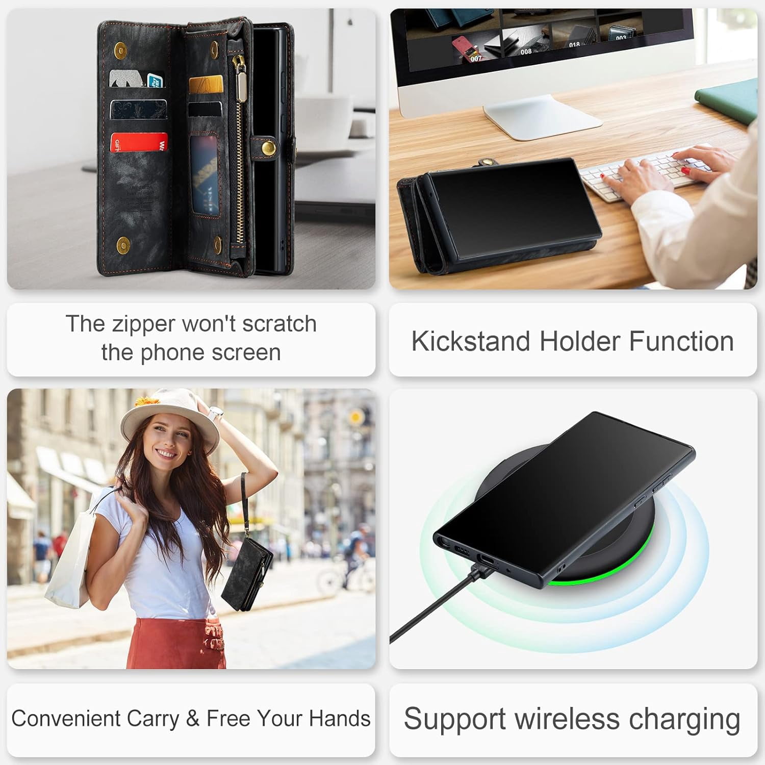 Phone Case for Samsung Galaxy Note 20 Glaxay Note20 5G Zipper Wallet Detachable Cover with Tempered Glass Screen Protector and Flip Card Holder Cell Gaxaly Notes 20s Twenty Not S20 Women Black