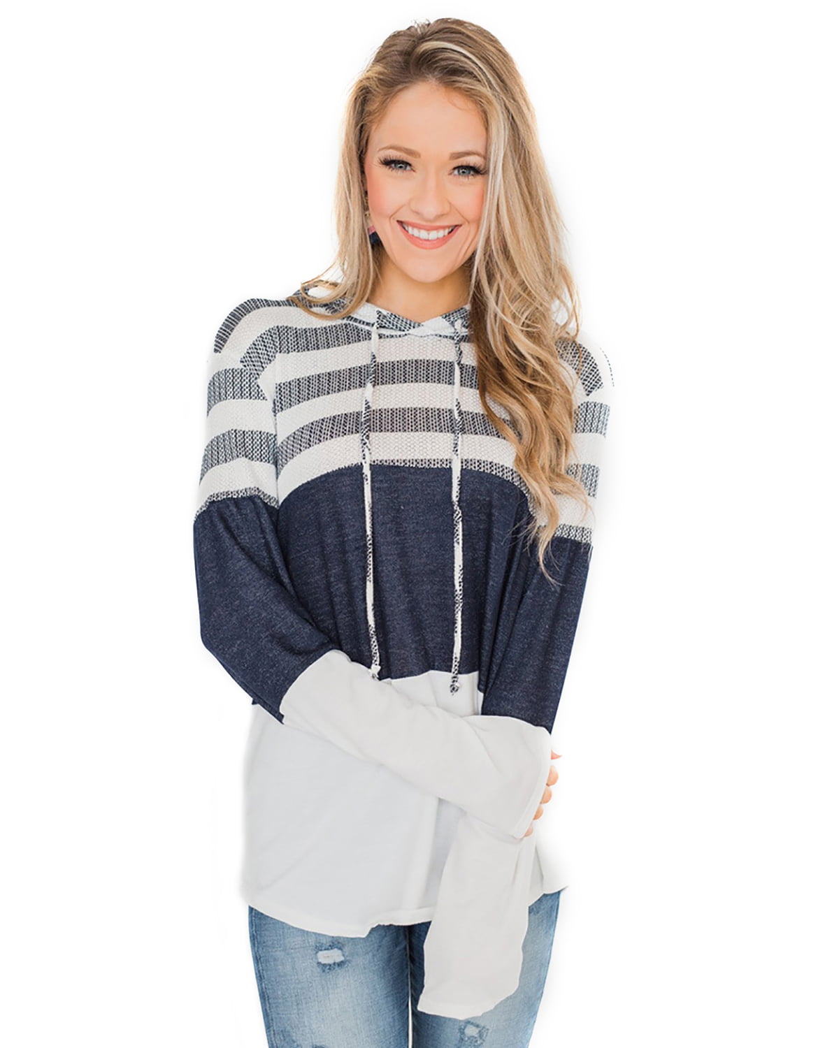 Womens Long Sleeve Striped Color Block Tops Casual Loose Patchwork Pullover Sweatshirts