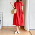 thumbnail image 3 of JUNWELL Robe Longue Femmes S-2XL Taille Nouvelle casual Été en Vrac Jupe à Manches Courtes Col Rond Robe en Lin de Coton de Couleur Unie, 3 of 7