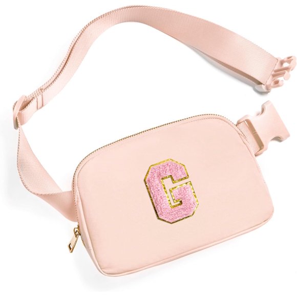 shiyou-Belt Bag Fanny Pack Crossbody Bags with Initial Letter Patch Cute Stuff Birthday Gifts for Teenager Girls Trendy Preppy Stuff for Teen Girls Cool Stuff for Teens, Coral Pink, 7.8 * 2.4* 5