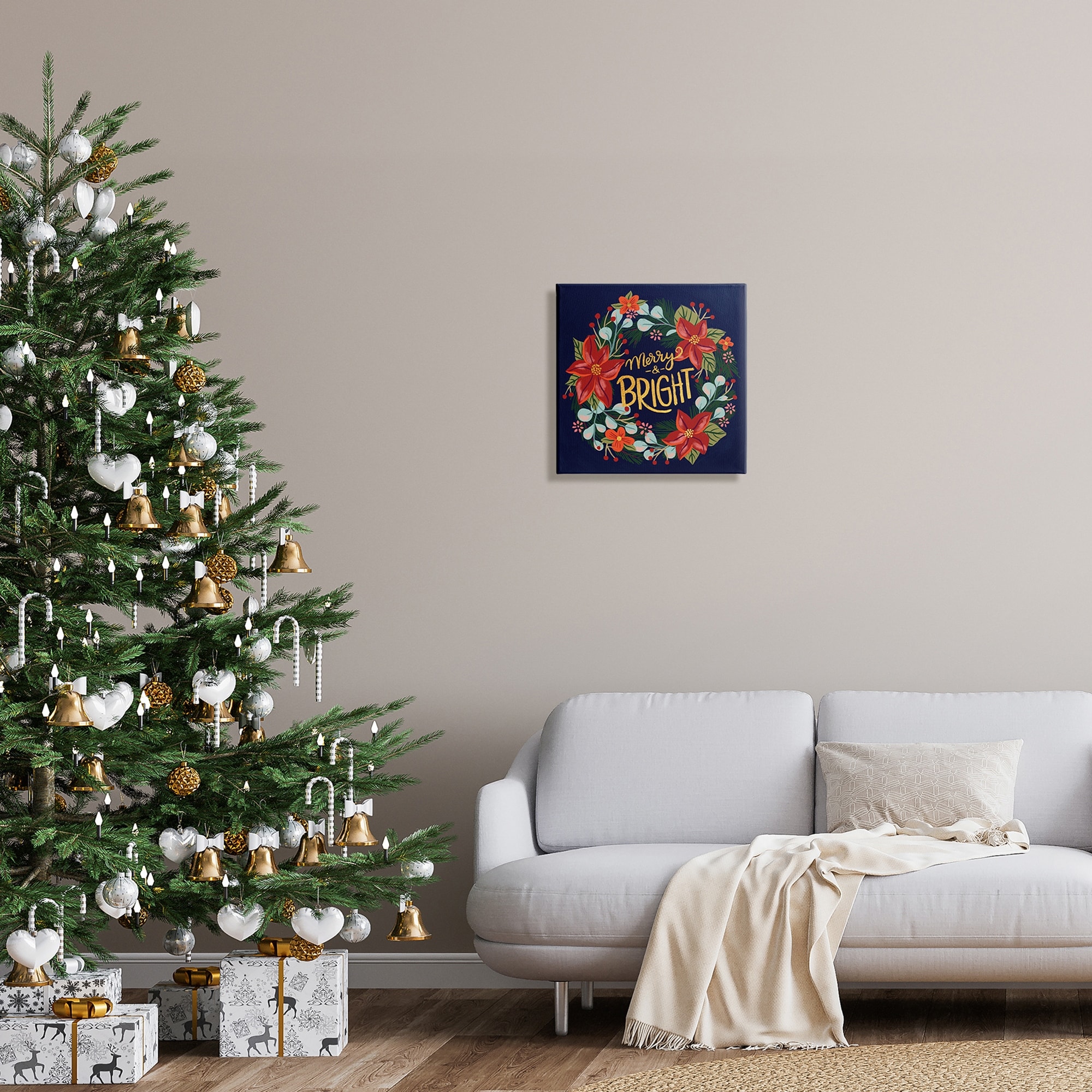 Merry And Bright Calligraphy Floral Poinsettia Wreath Botanical & Floral Graphic Art Gallery-Wrapped Canvas Print Wall Art
