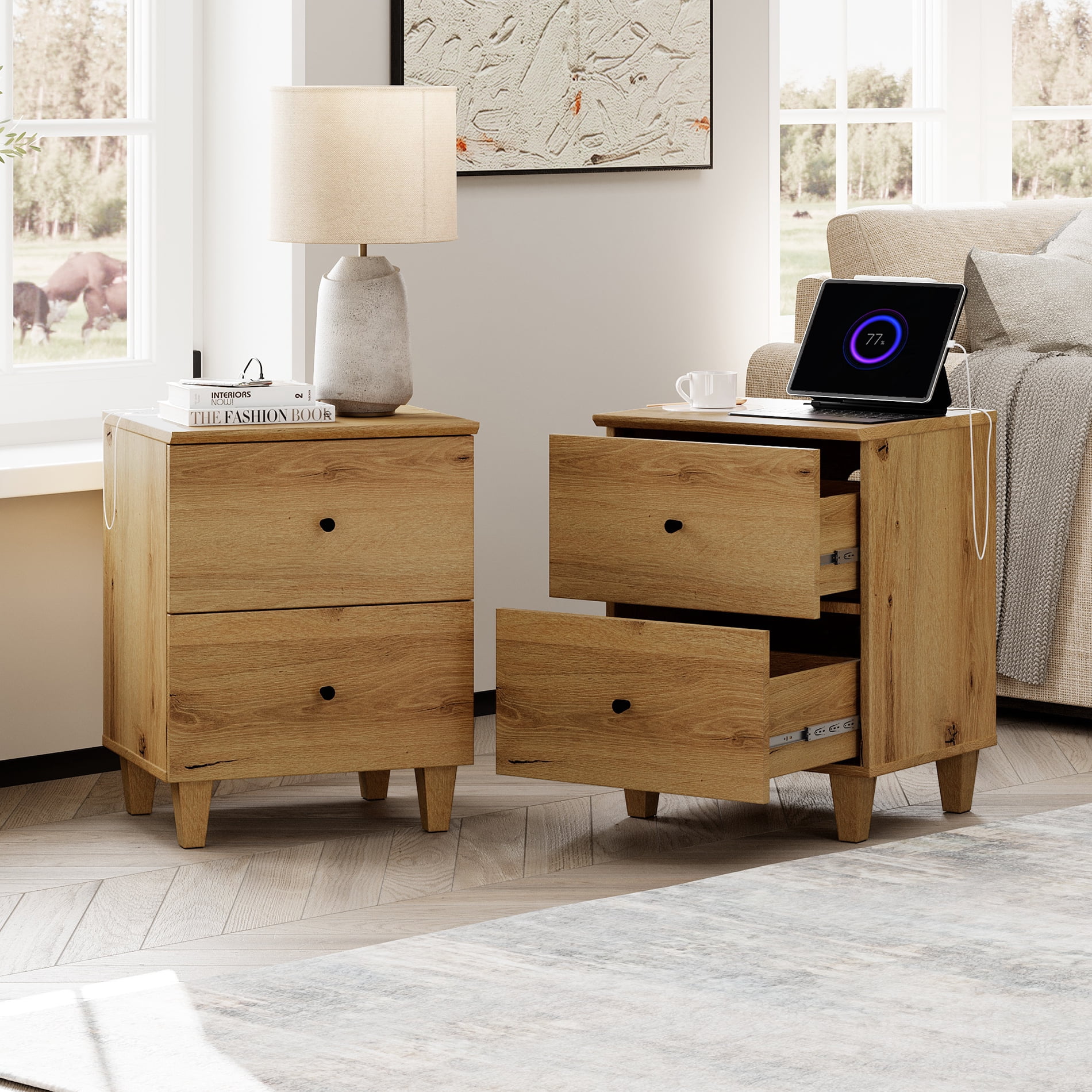WAMPAT Dresser and Nightstands Set of 4, Wood Dressers with 12 Drawers, 2 Pieces Nightstands with Charging Stations for Living Room, Dark Brown Wood