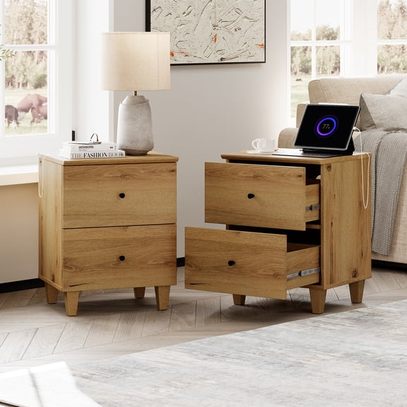 Bedroom Nightstands - Set of 2, Bedside Table with 2 Deep Drawers and Charging Station, Brown