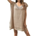 thumbnail image 2 of Qzwdhjm Swimsuits Coverups for Women Cap Sleeve Mini Dress Coverup Hollow Out V Neck Beach Cover Up with Slit Side for Swimpool Party, 2 of 6