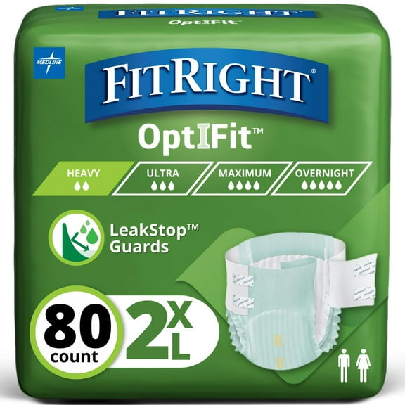 FitRight OptiFit Extra Briefs with Leak Stop Guards, 80 Count, 2XL, 60"-70", Adult Disposable Briefs with Tabs