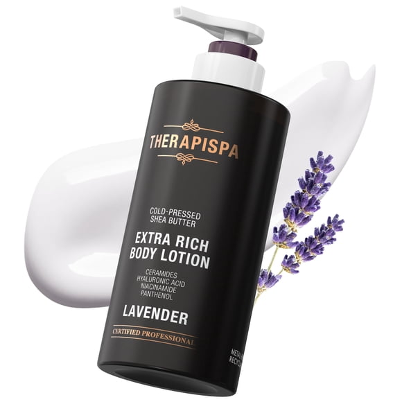 THERAPISPA Loción corporal perfumada para mujeres – Hidratante calmante con ceramidas de manteca de karité y pantenol para calmar y reconfortar la piel seca – Adecuado para todos (lavanda 17.0 fl oz)