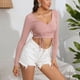 thumbnail image 3 of Camiseta ajustada de manga larga con cuello en V y detalle de cordón: top rosa ajustado para uso diario y fiestas, talla L, 3 of 7