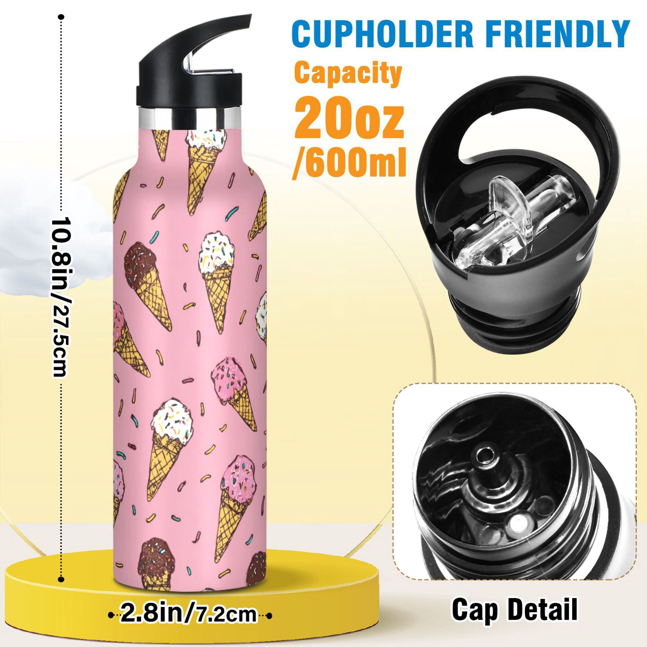 Kids Insulated Stainless Steel Sports Water Bottle 600ml Ice Cream Cones Pattern