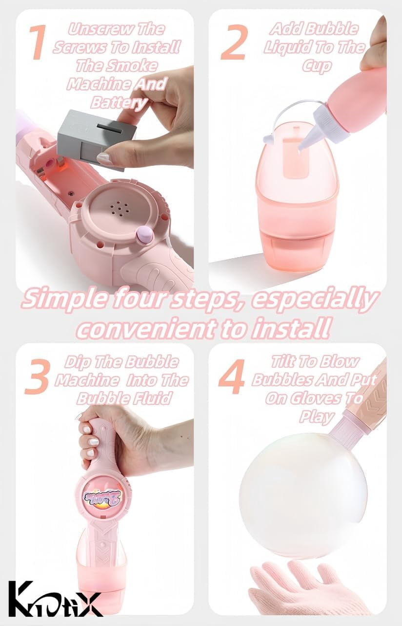 Rechargeable Elastic Smoke Bubble Machine – Magic Wand with Lights & Sound,Bubble Gloves & Spill-Proof Cup, Safe Solution (Green/Pink)