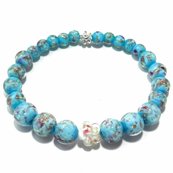 Glow in The Dark Firefly Beads Bracelet, Handmade in USA, Colorful Luminous Murano Glass Beads Jewelry (Light Blue)