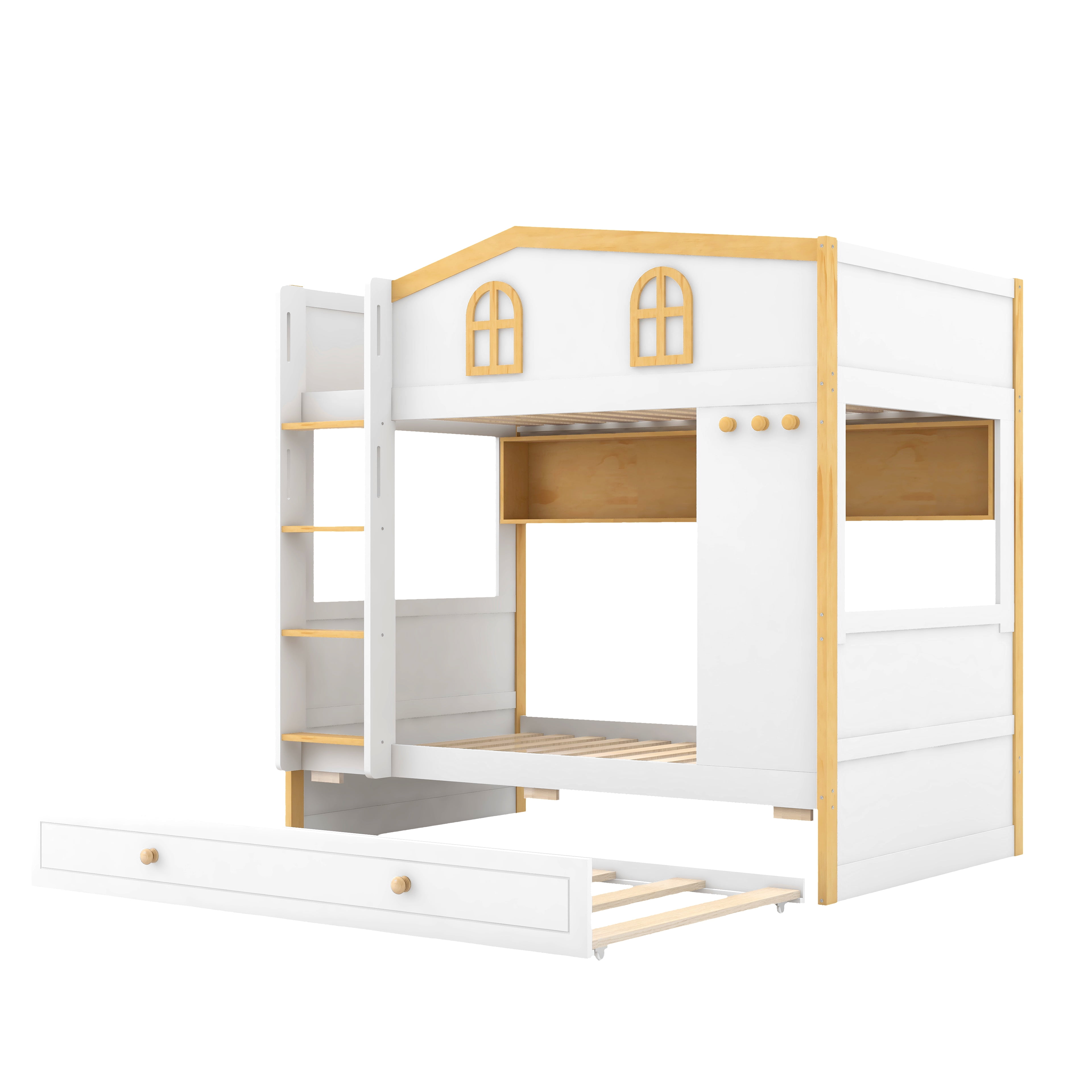 Euroco Wood Twin over Twin Bunk Bed with Shelves and Trundle, House Bed with Guardrails, White