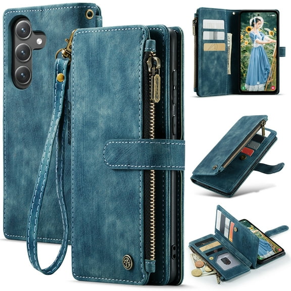 Allytech Wallet Case for Samsung Galaxy S25 Edge, Card Slots   Cash Slot   Zipper Pocket Large Capacity PU Leather Case with Hand Strap, [All-Round Shockproof] Wireless Charging Kickstand Case, Blue