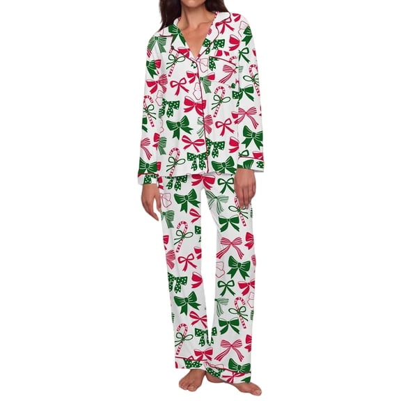 Women's Breathable Christmas Pajamas Set Long Sleeve Button Shirt and Stretch Pants Ensemble for Home Comfort