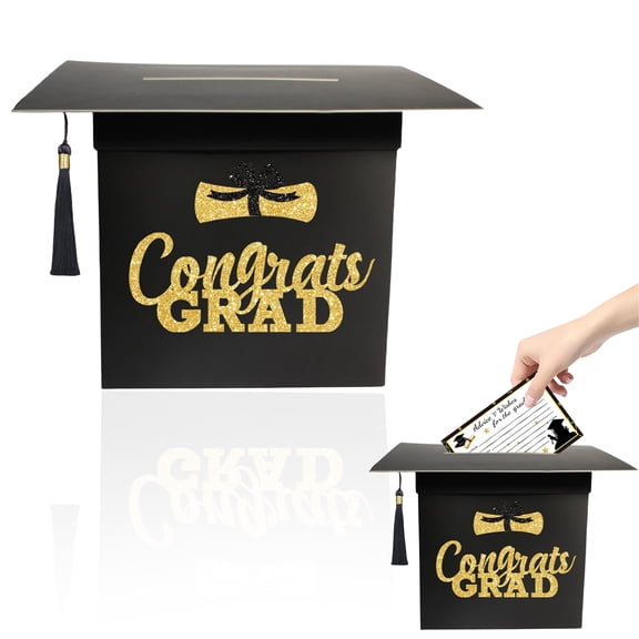 2026 Graduation Party Card Box, Congrats Cap Card Holder Box with Tassel for 2026 Graduation Party Decoration and Grad Parties (Black)