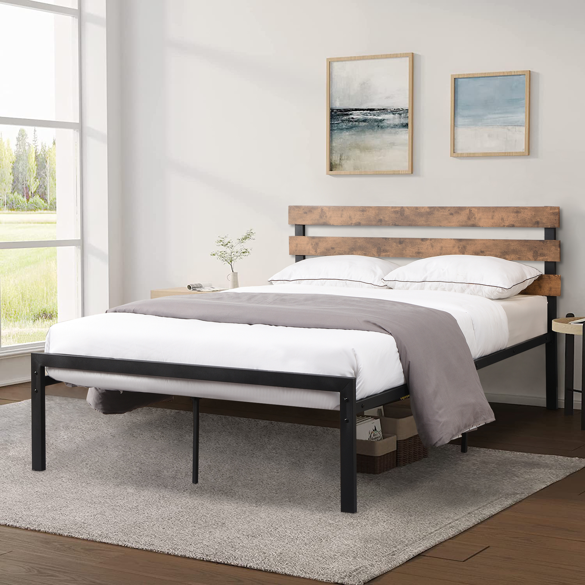 SYNGAR Black Bed Frame Full Size with Wooden Headboard Platform Bed