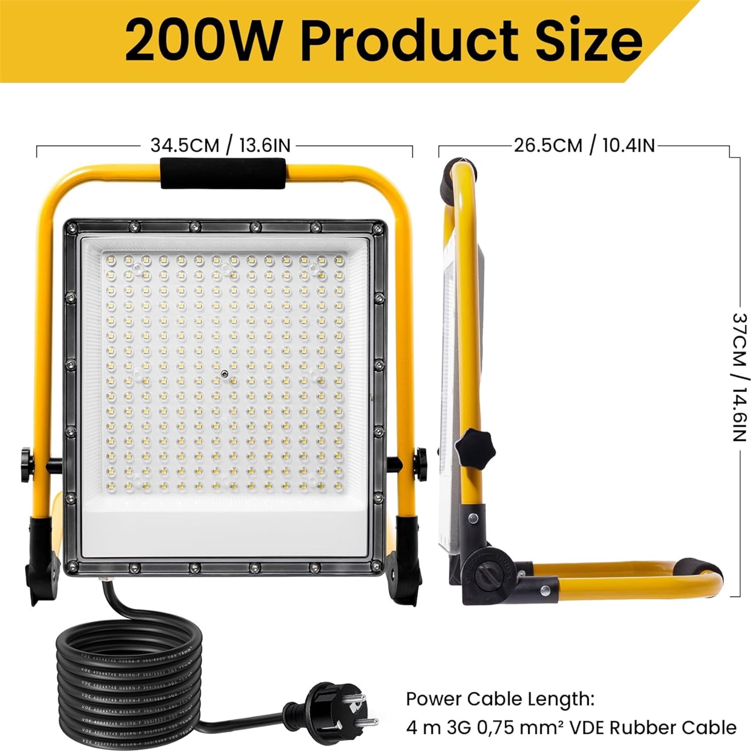 Indmird 200W Work Lights with 4 Meter Rubber Tube,6500K IP66 Waterproof Flood lights Outdoor, Suitable for Construction Sites.
