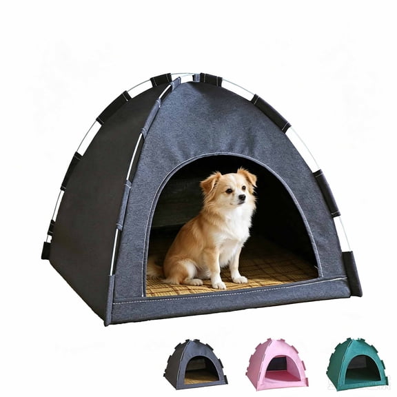 Foldable All Season Dog Bed, Breathable Portable Pet Tent with Reversible Cooling Mat, Linen Anti Anxiety Cat Bed Nest, Indoor Outdoor Sleeping House for Small Medium Dogs & Indoor Cats