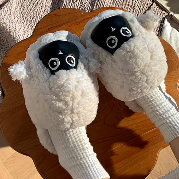 Weloille Sheep Cotton Slippers Cute Thick Bottom Winter Indoor Home Floor Non-slip Cotton Shoes Baotou Wear-resistants Padded Thickened Warm Cotton Slippers