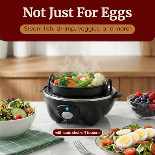 EGC-007B# Rapid Egg Cooker, 7 Easy-To-Peel, Hard, Medium, Soft Boiled Eggs, Poacher, Omelet Maker, Auto Shut-Off, Alarm, 16-Recipe Booklet, Black