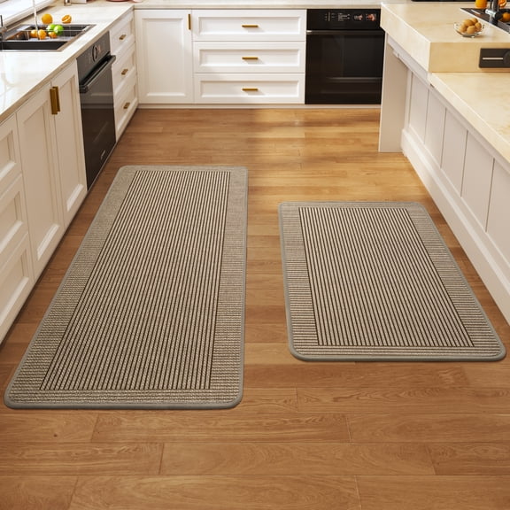 QiCaiJia Kitchen Rugs Set of 2, 17''x30'' 17''x47'' Brown Kitchen Mats for Floor, Washable Non Slip Absorbent Kitchen Mat, Braided Kitchen Runner Rug, Kitchen Sink Rug