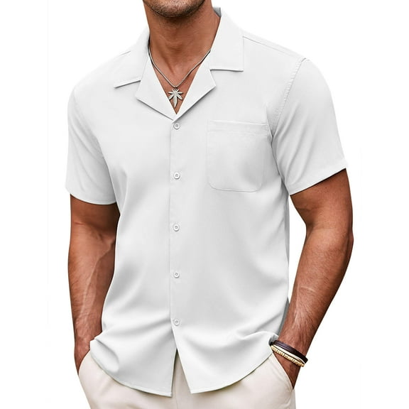 COOFANDY Men's Casual Button Down Shirts Short Sleeve Summer Beach Shirt Fashion Textured Shirts with Pocket White XL