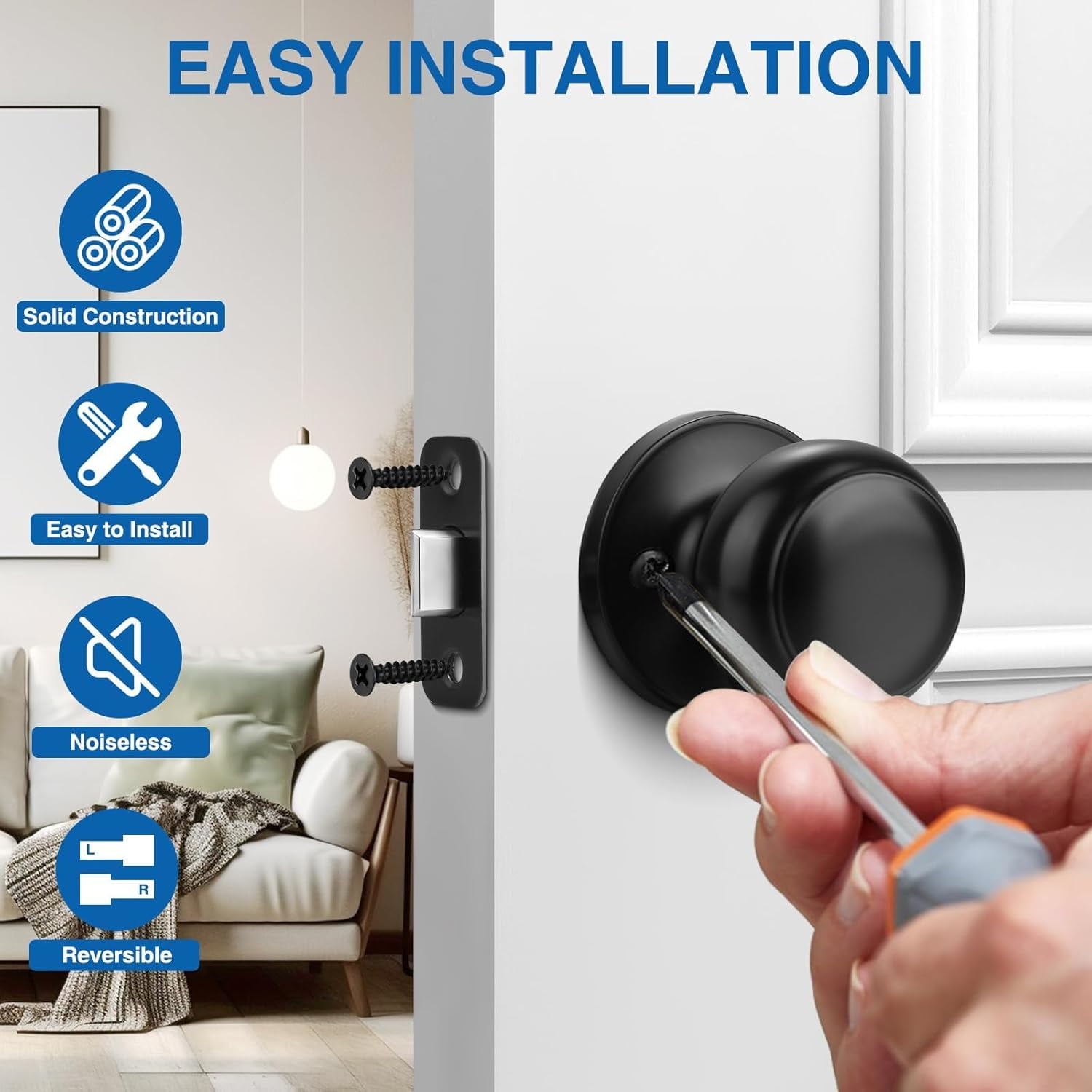 Black Door Knob, 5 Pack Round Keyless Doorknobs Interior/Exterior Lockset, Passage Locking Door Knobs for Bedroom/Bathroom, Black Modern Design Door Hardware