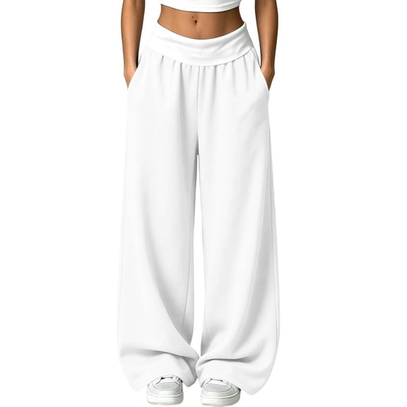hotojiny Womens Wide Legs Sweatpants Fashion Colorblock Pants with Pockets Elastic Waist Baggy Pants Streetwear(White,X-Large)